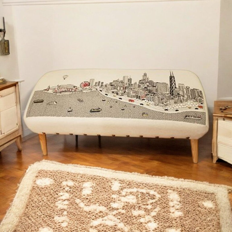 38" Cream Wool and Brown Ottoman