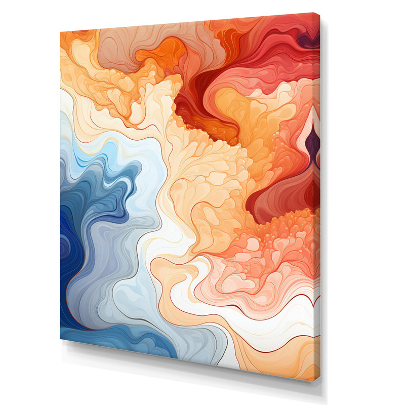 Vagues d'aquarelle bleues, orange et rouges, H 32 po x l 24 po, Toile tendue