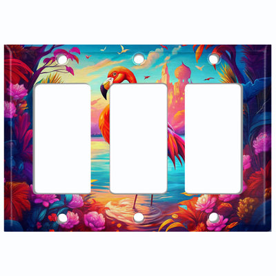 Metal Light Switch Plate Cover; US Standard Size 3 Gang GFI Rocker - Fantasy Flamingo