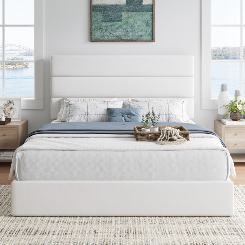  Storage Upholstered Platform Bed Frame, with 4 Drawers No Box Spring Needed, White, Queen