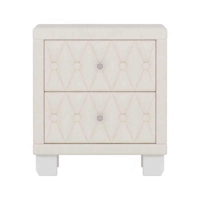 Elegant Velvet Nightstand With 2 Drawers And Crystal Handle, Storage Bedside Table With Button-Tufted, Beige
