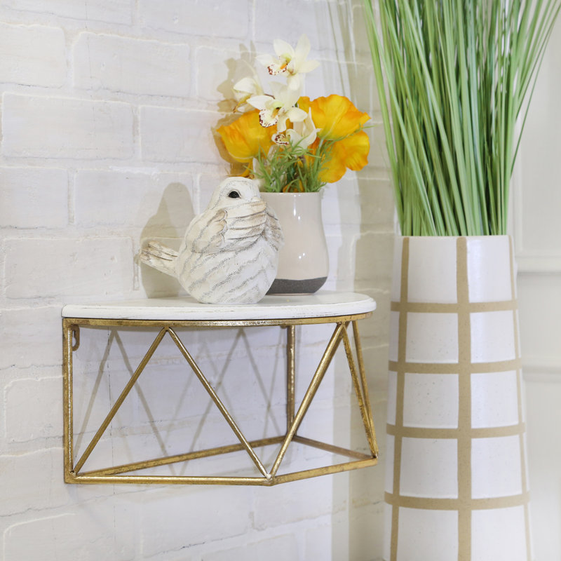 Poulos Wood and Metal Wall Shelf with Geometric Iron Frame - Stylish Floating Storage for Decorative Display, White/Gold