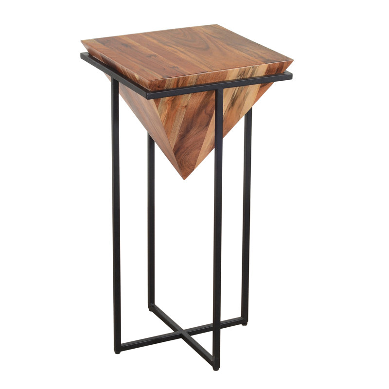 Cherine Pyramid Shape Acacia Wood Side Table With Cross Iron Base, Brown and Black, 30" H x 15" W x 15" D