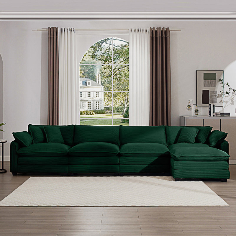 Canapé modulaire rembourré en L 4 places avec 1 repose-pieds Modern, Velours côtelé vert