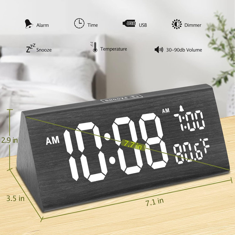 Réveille-matin numérique Dreamsky pour les chambres à coucher - Horloge électrique en bois avec ports USB, date, jour de semaine, température, gradateur de luminosité de 0 à 100%, volume d’alarme réglable, rappel d’alarme, DST automatique