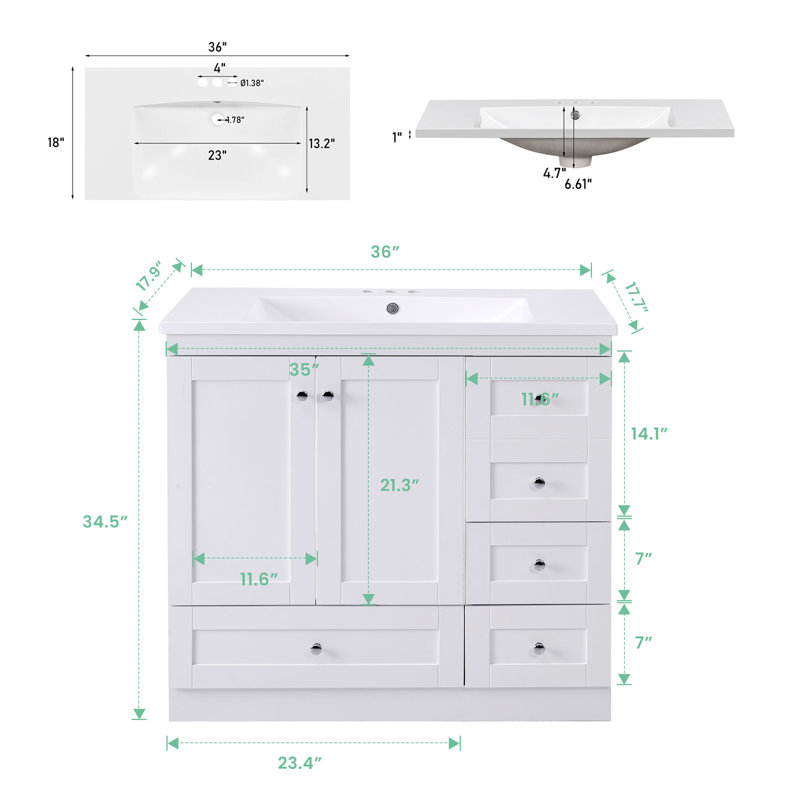 Meuble-lavabo sur pieds 36 po style Shaker, Blanc