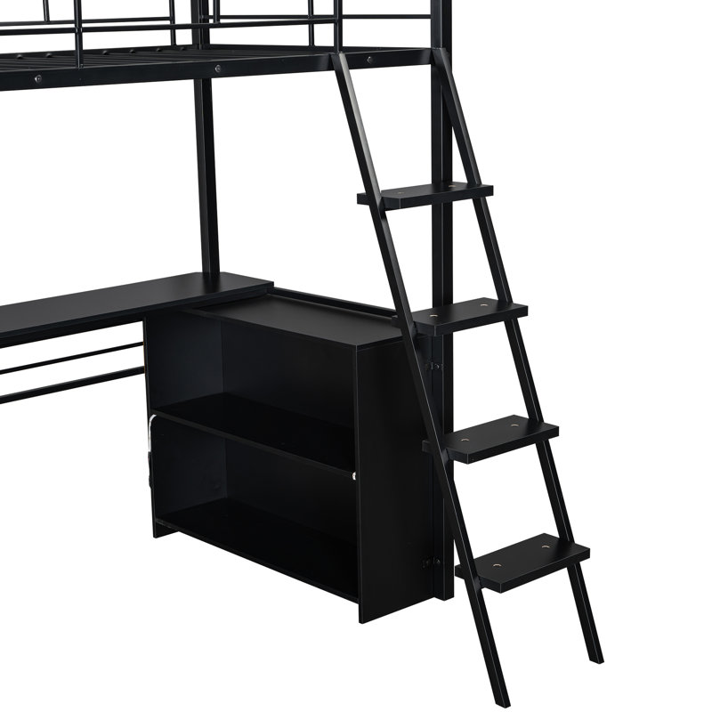 Twin Size Loft Bed With Led, Desk, Shelves - Black Metal Frame Led Desk & Space Saver Functional, Twin