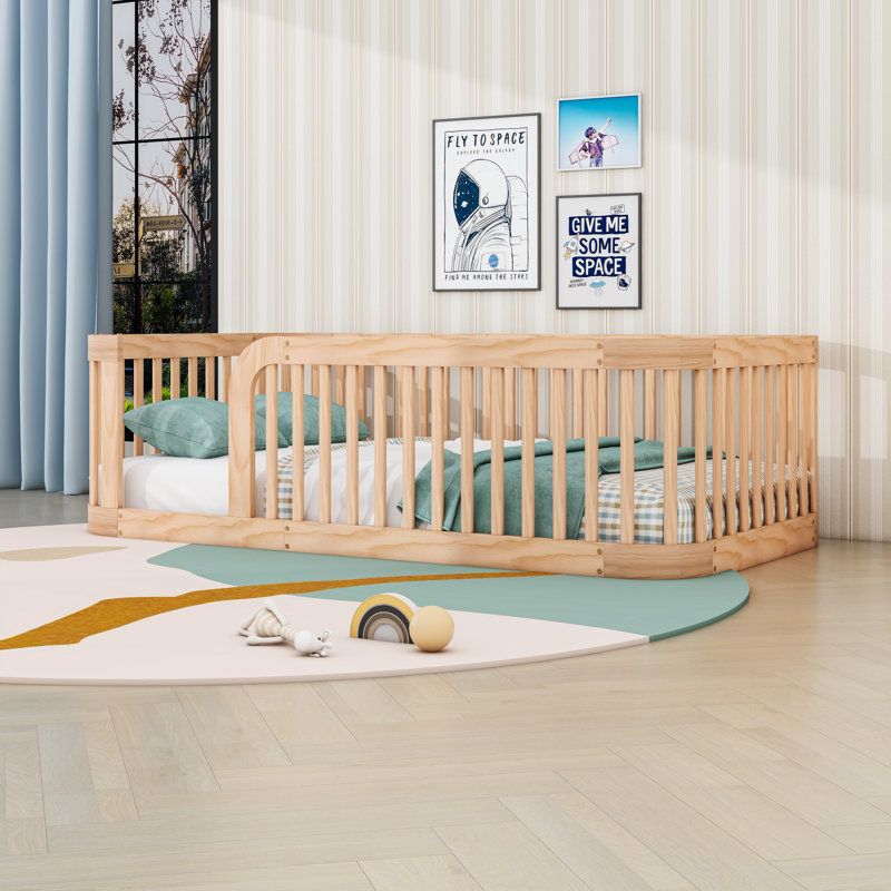 Lit simple en bois avec clôture, Naturel