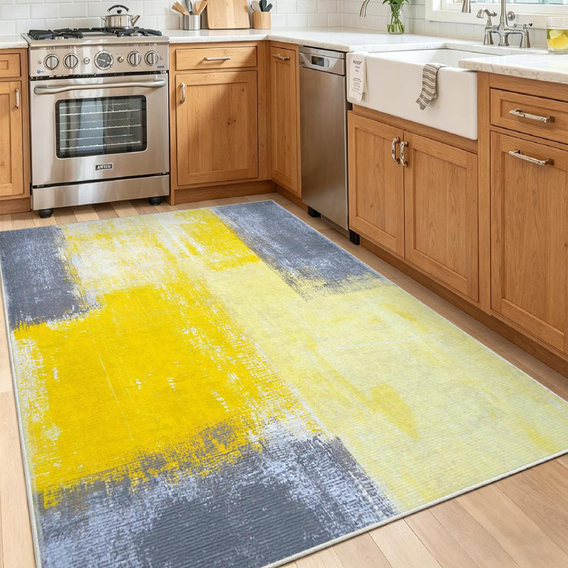 Tapis d'intérieur lavable à la machine moderne transparent gris et jaune abstrait, Rectangle 55" x 79"