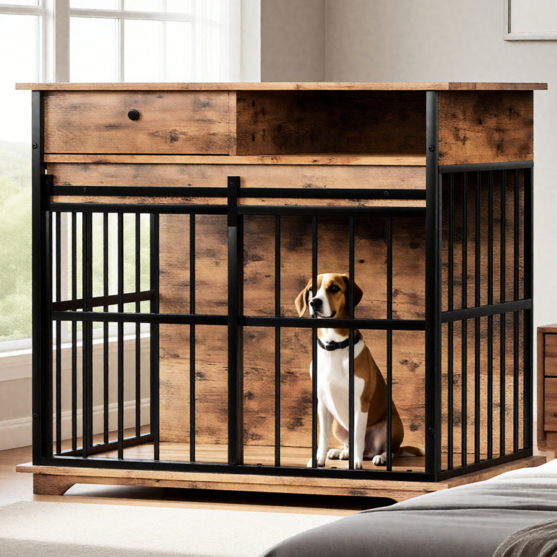 Mobilier de cage pour chien spacieux avec plateau, facile d'entretien, tiroir fonctionnel avec rangement profond de 35,23 pouces, structure en fer, moyennes et grandes races
