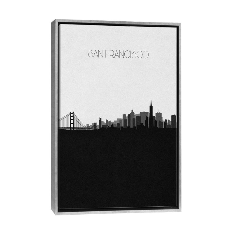 "San Francisco Skyline" par Ayse Deniz, impression, Toile avec cadre argent, Pas de tapis, H 40 po x l 26 po x P 1,5 po