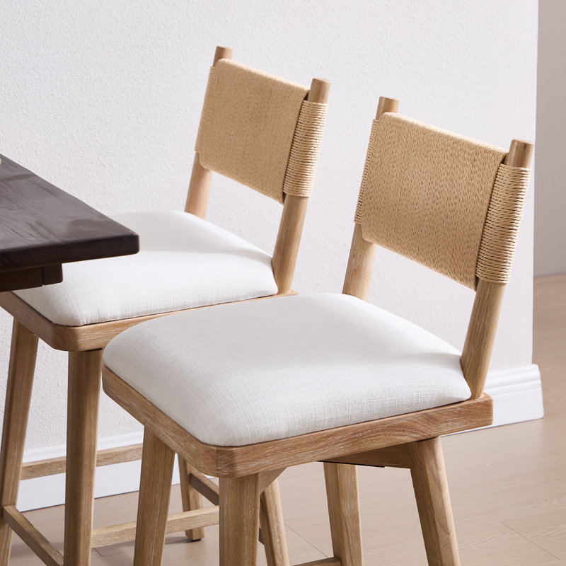 Tabouret de bar moderne pivotant en bois massif avec dossier tissé et étriers, Bûche