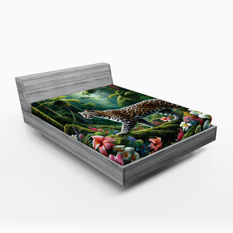 Drap-housse pour chat Ambesonne_ Scène de jungle exotique à fleurs sauvages_ Vert et multicolore, Très grand californien
