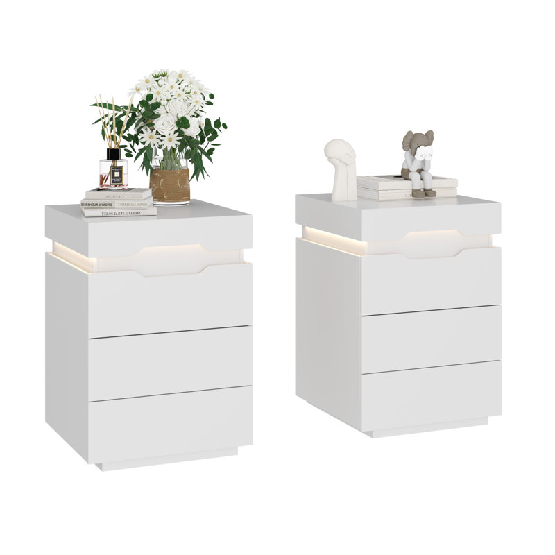 Elsun Nightstand with Wireless Charging Station, LED Light and 3 Drawers, Set of 2