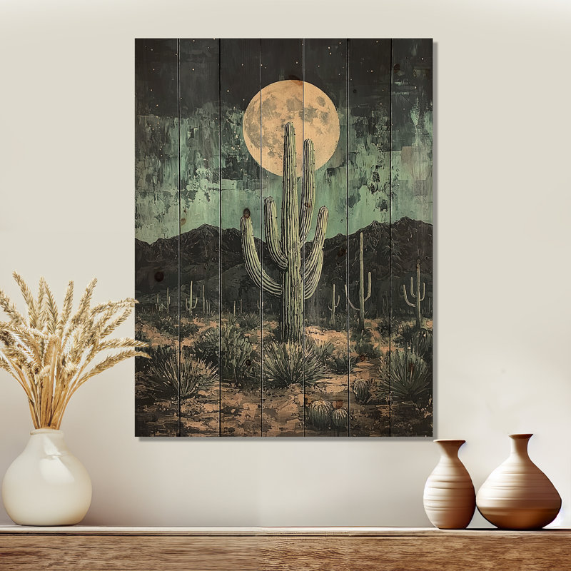 Cactus au clair de lune II - Décoration murale en bois de cactus floral - sur bois de pin naturel