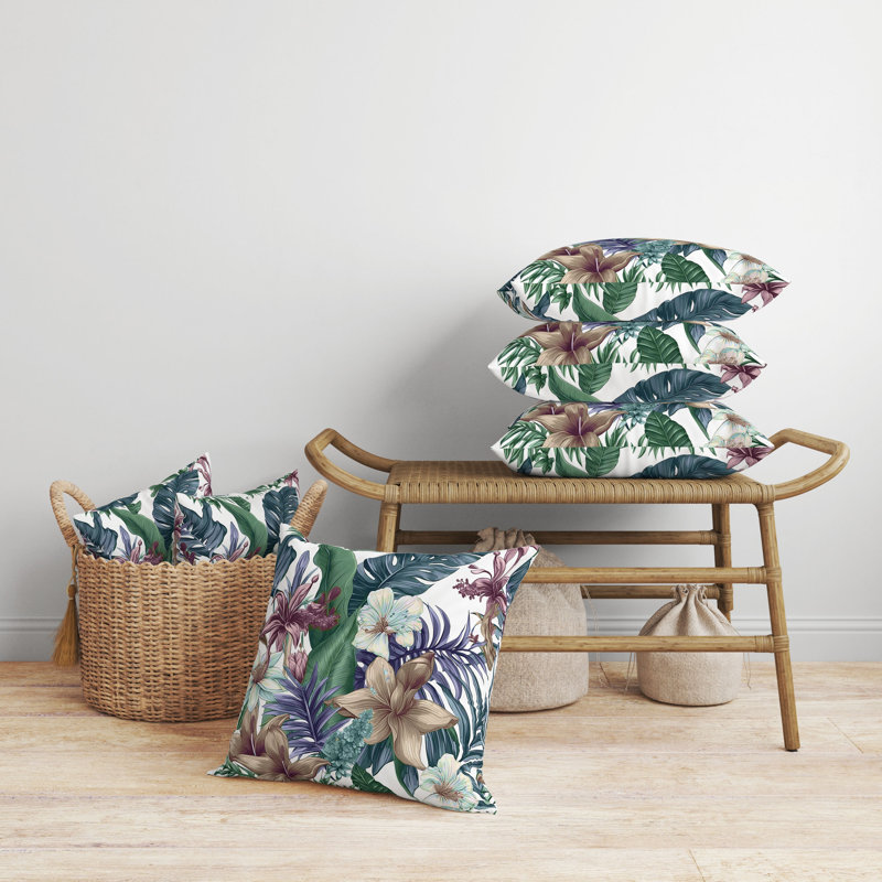Coussin Rainforest Reverie, H 26 po x l 26 po, Blanc / motif floral vert