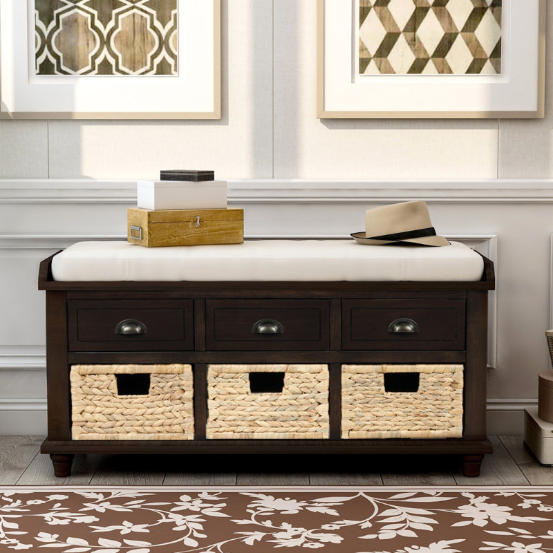 Rustic Storage Bench With 3 Drawers And 3 Rattan Baskets Shoe Bench, Espresso