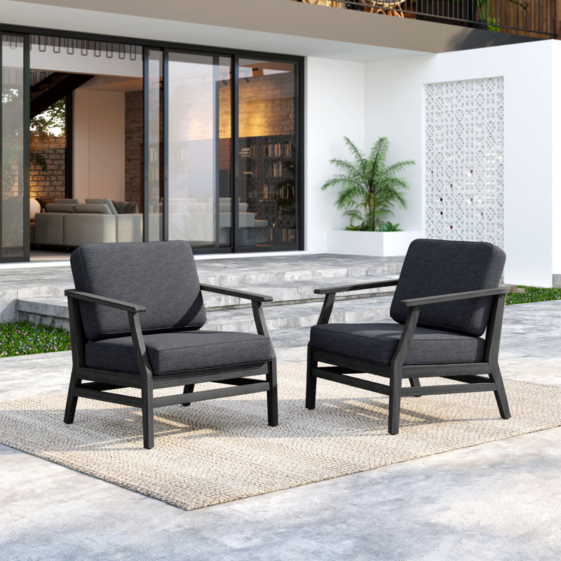 Clinkscales Solid Wood Teak Outdoor Lounge Chair With Cushion And Arms, Dark Gray, Black