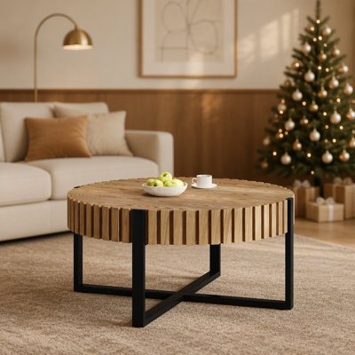 Modern Round Coffee Table Featuring Handcrafted Gear Design And Sturdy Cross Metal Base For Living Spaces