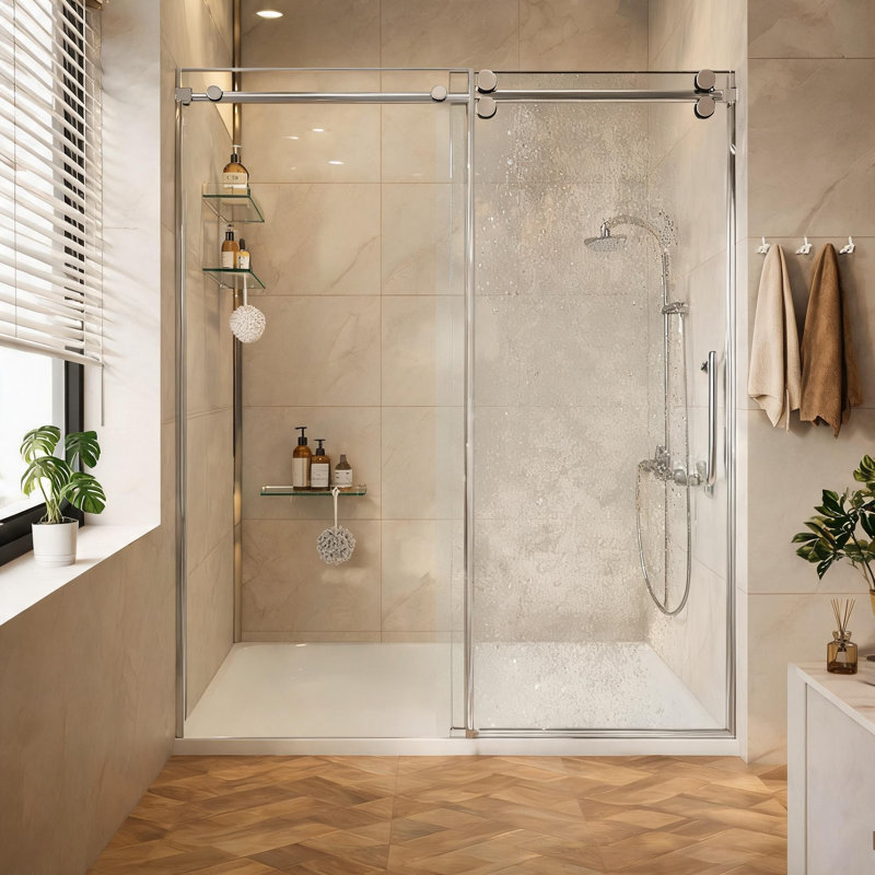 Porte de douche fixe et coulissante en acier inoxydable chromé de 152 cm x 168 cm avec verre trempé transparent et quincaillerie tubulaire ronde
