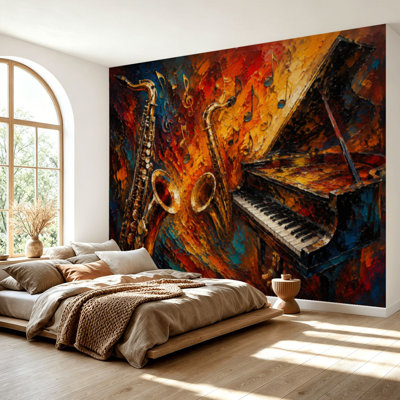 Papier peint adhésif autocollant à thème de musique rétro, piano, saxophone, violon, roche, décoration, papier autocollant, amovible, papier contact mural pour salon, chambre à coucher H 69 po x l 96 po