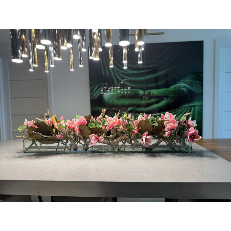 Arrangement floral et centre de table en verre Magnolia, H 8 po x l 50 po x P 8 po, Rose