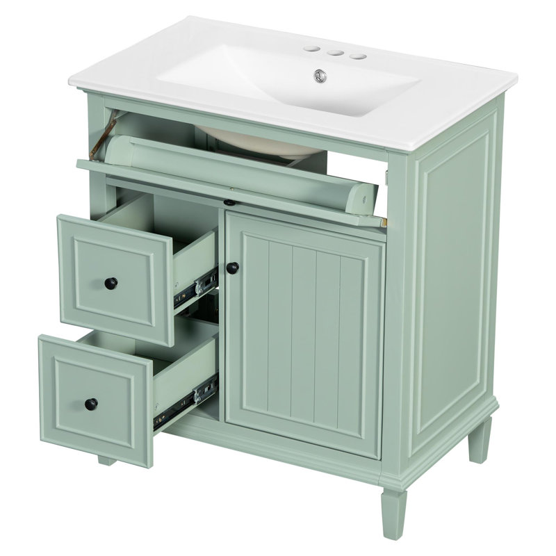 Meuble-lavabo de salle de bain avec lavabo et rangement polyvalent, Vert clair, 30