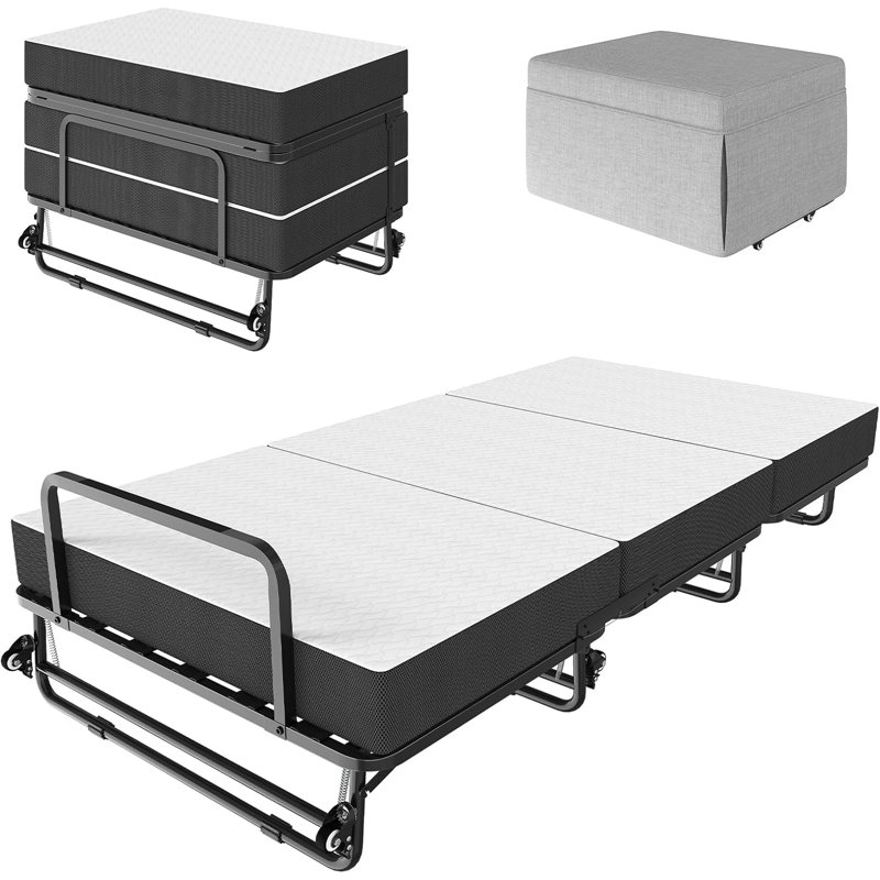 Folding Bed With Mattress, Rollaway Guest Beds With Memory Foam Mattress & Metal Frame For Adults, Converts To Sofa Ottoman, Space-saving Foldable Design For Easy Storage, 75"x32", Black