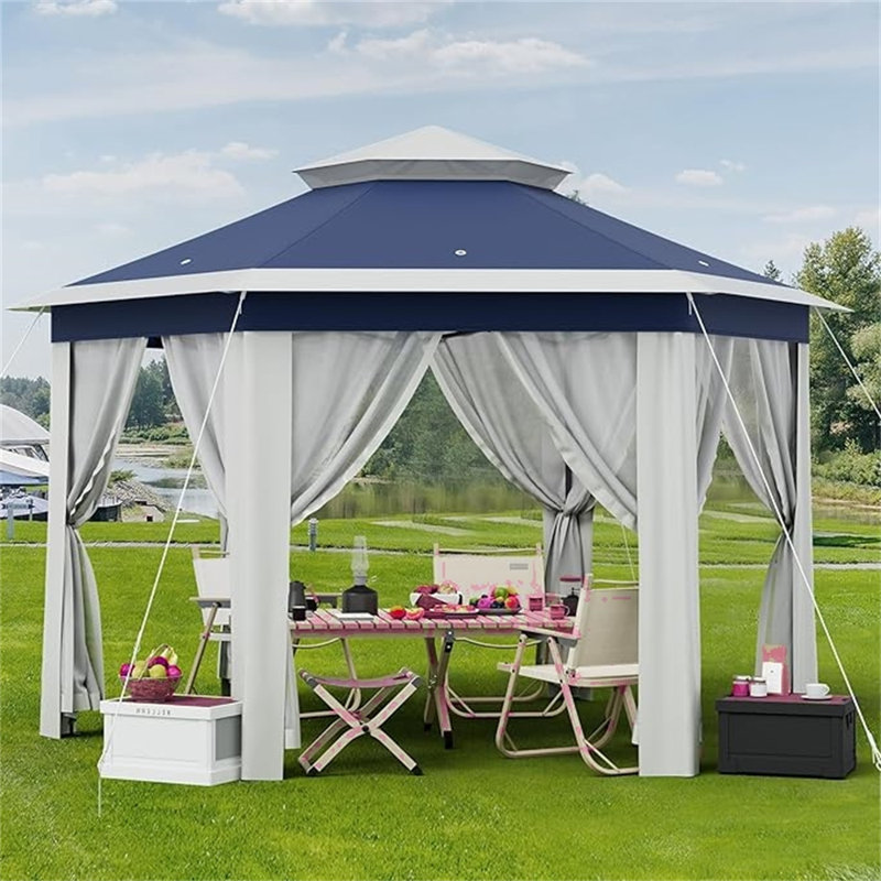 13' X 13' Pop Up Gazebo Hexagonal Outdoor Canopy Shelter Instant Patio Gazebo Tent With Mesh Netting, Blue