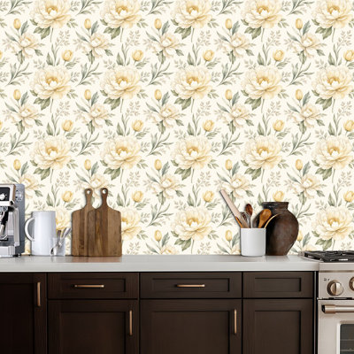 Peler et coller le papier peint adhésif blanc et blanc avec pivoines florales jaunes, papier contact amovible et auto-adhésif pour armoires de cuisine de chambre à coucher 17,7 po x 118 po