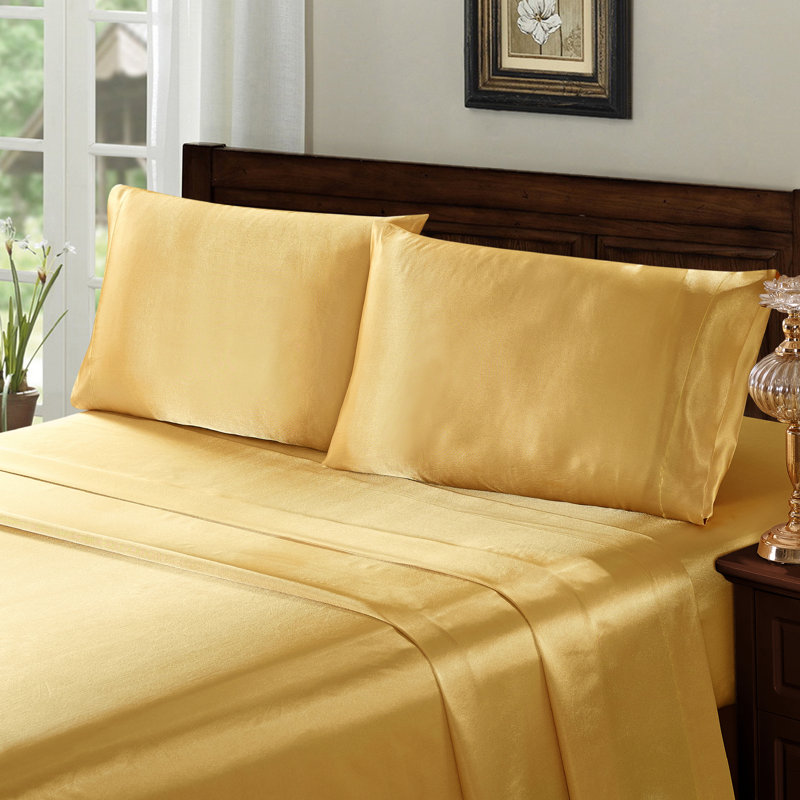 Silky Satin Microfiber Fitted Sheet, Gold, King Fitted Sheet with 2 Pillowcases