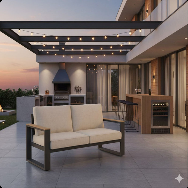 Canapé de terrasse 52 po en aluminium toutes saisons avec coussins beiges épais