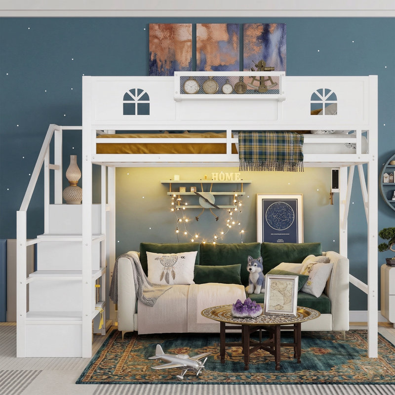 93.3" Metal Loft Bed with Built-in Wardrobe & Storage Stairs - Full Size Frame with LED Lights & USB Ports - White, Full
