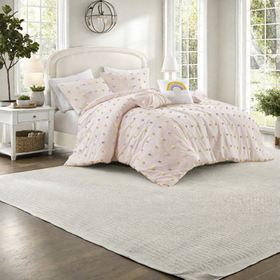 Pcs Cotton Bedding Sets, Pink Jacquard Comforter With Pom Pom Design, Full/queen Size