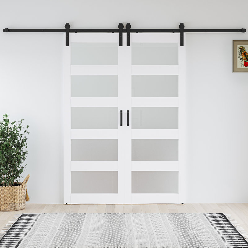 64" x 96" Tempered Frosted Glass Double Sliding Barn Doors with Installation Hardware Kit , 64" x 96"