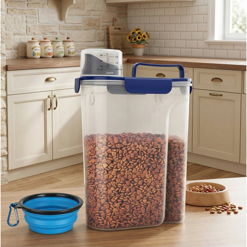 Contenant alimentaire pour animaux de compagnie, peut contenir 5 à 7 lb, distributeur hermétique avec bec verseur, poignée portative, bol pliable, bleu marine, 6 pte