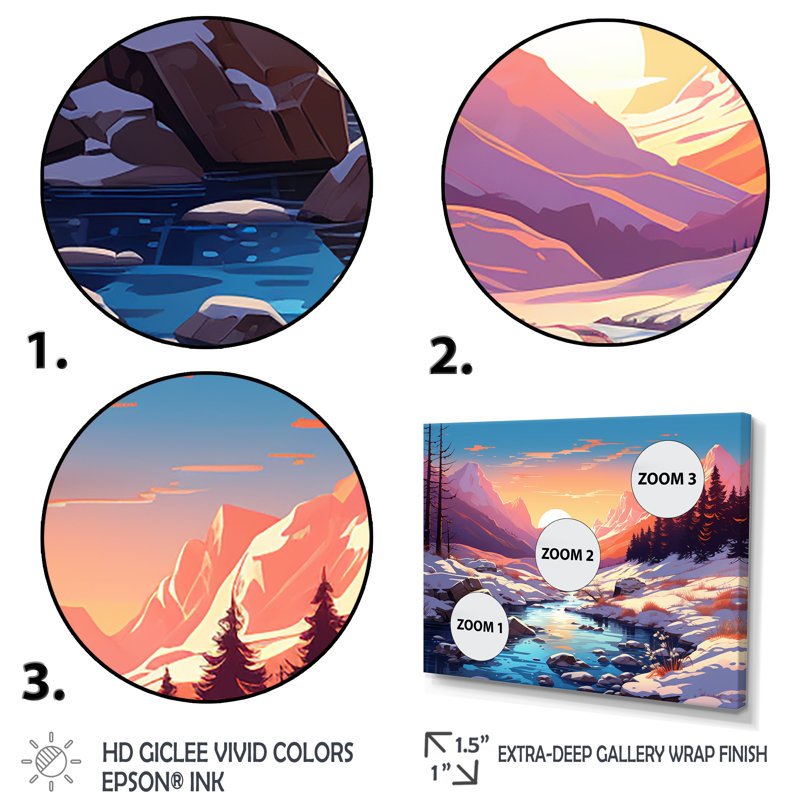 «Winter Mountain Pond Sunset Serenity - Winter Mountains», art mural, Toile tendue, H 34 po x l 44 po x P 1,5 po