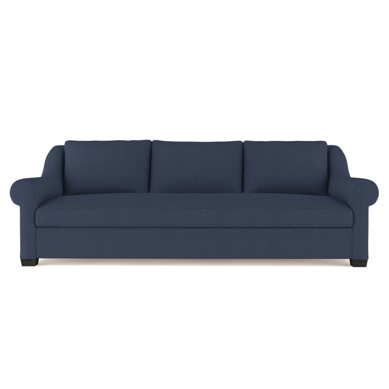 Thompson Rolled Slope-Arm Sofa, Box Weave Linen Blue Print, 32" H x 96" W x 41" D, Ebony