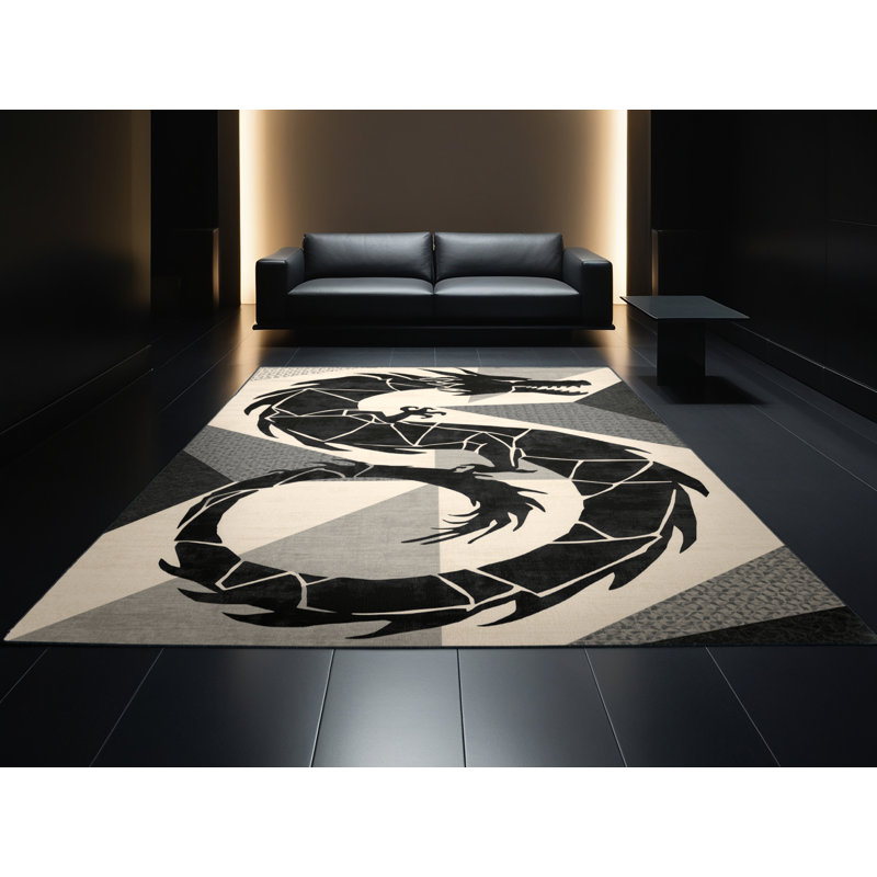 Tapis doux et moelleux à motif géométrique moderne et contemporain Ryujin brun - reliure noire, 7x10