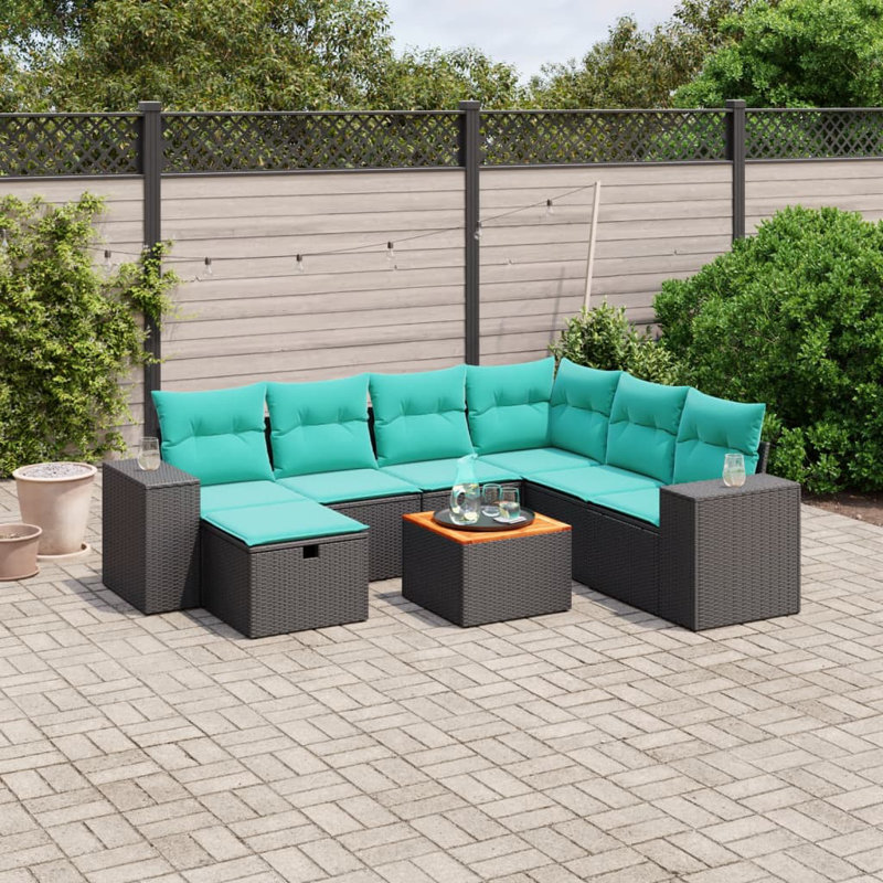 Ensemble de canapé de patio 8 pièces avec coussins en rotin de polyester, Bleu clair, Noir