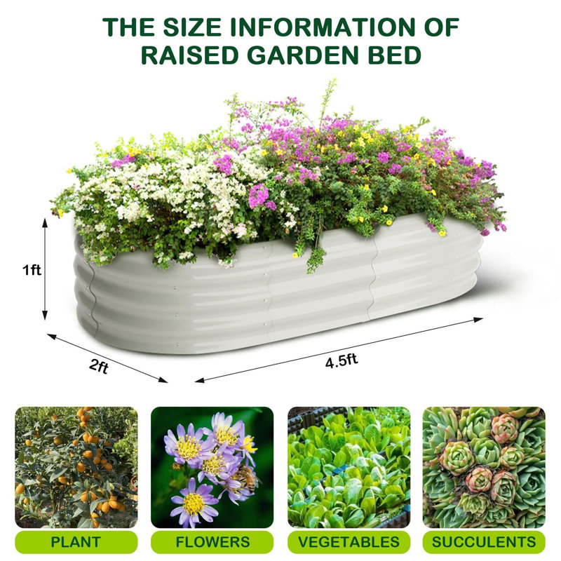 Premium Oval Galvanized Metal Raised Garden Bed, Beige, 12" H x 24" W x 54" D