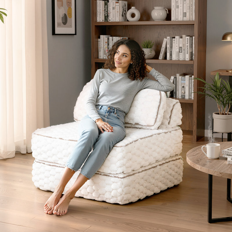 Boneless Versatile Folding Sofa Bed with Headrest & Lumbar Pillow, Beige