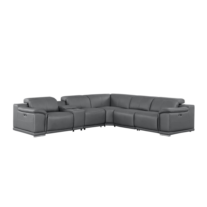 6-Piece L-Shaped Power Reclining Sectional In Genuine Leather – 3 Recliners, Dark Gray Top Grain Leather