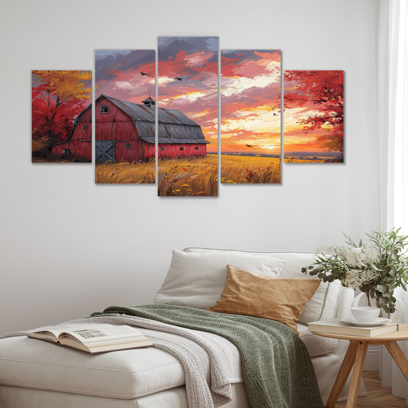 Autumn Red Barn Breeze II - Ensemble d'art mural en toile de grange