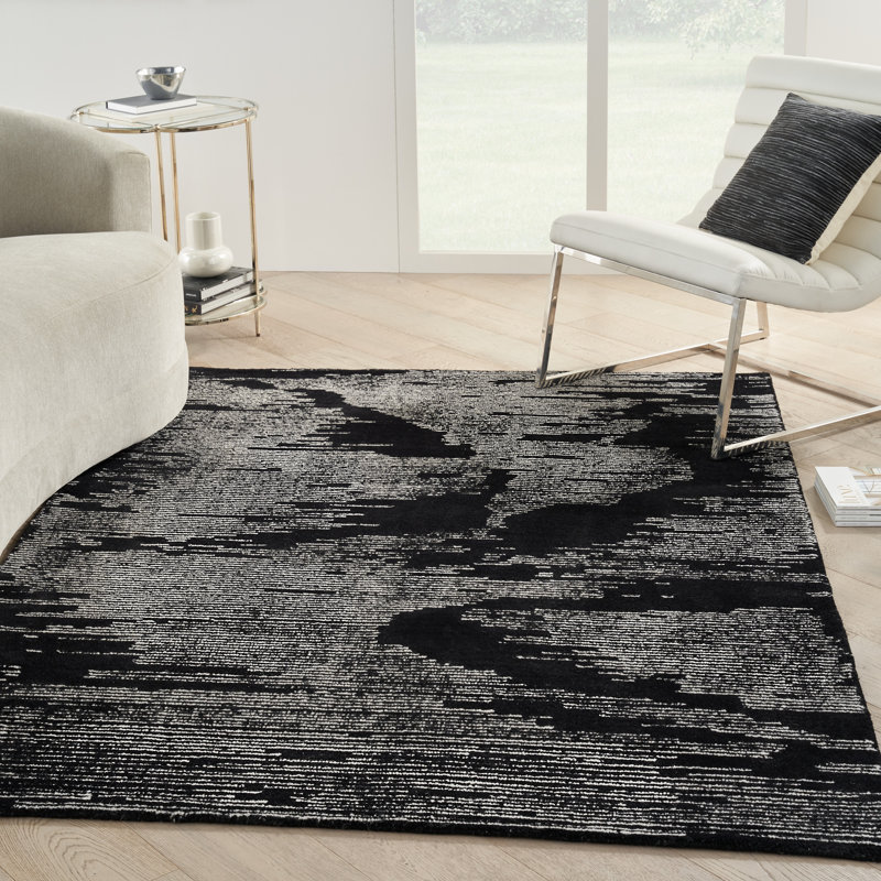 Abstract Area Rug in Black/Ivory, Rectangle 4' x 6'