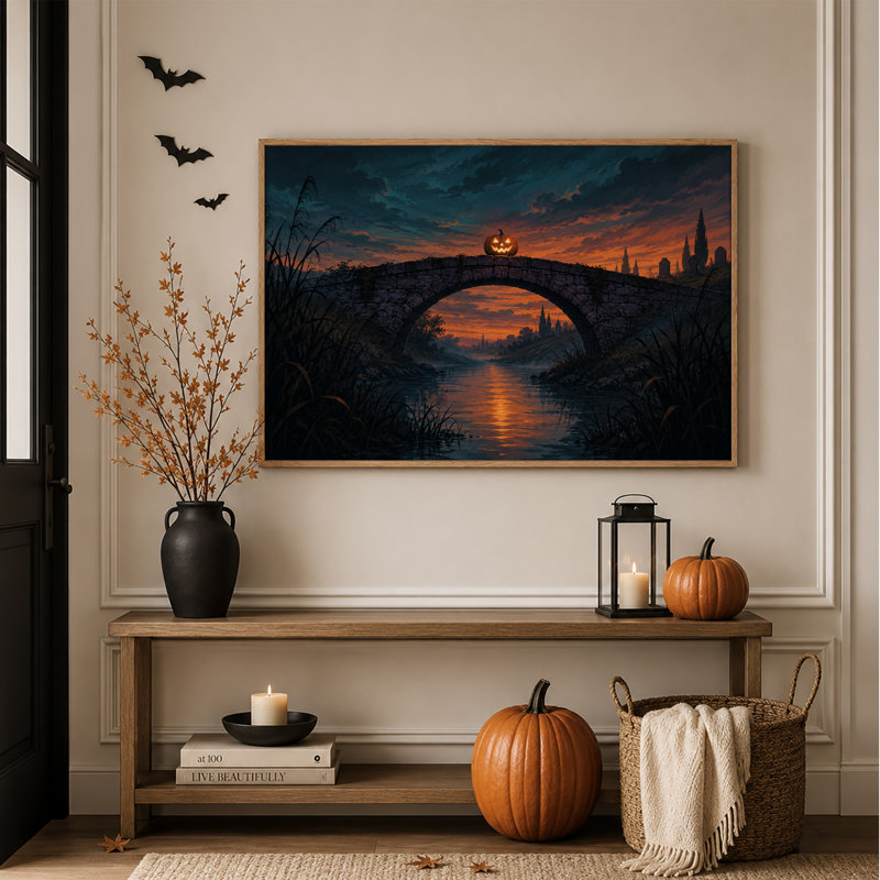 Citrouille lumineuse sur un pont de pierre au coucher du soleil - Toile murale d'Halloween, H 32 po x l 48 po