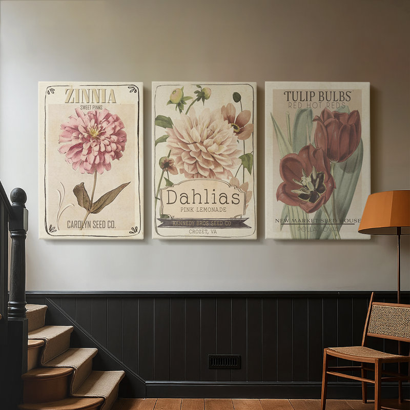 Paquets de graines rétro II - toile tendue sur mesure - 3 pièces, H 18 po x l 36 po