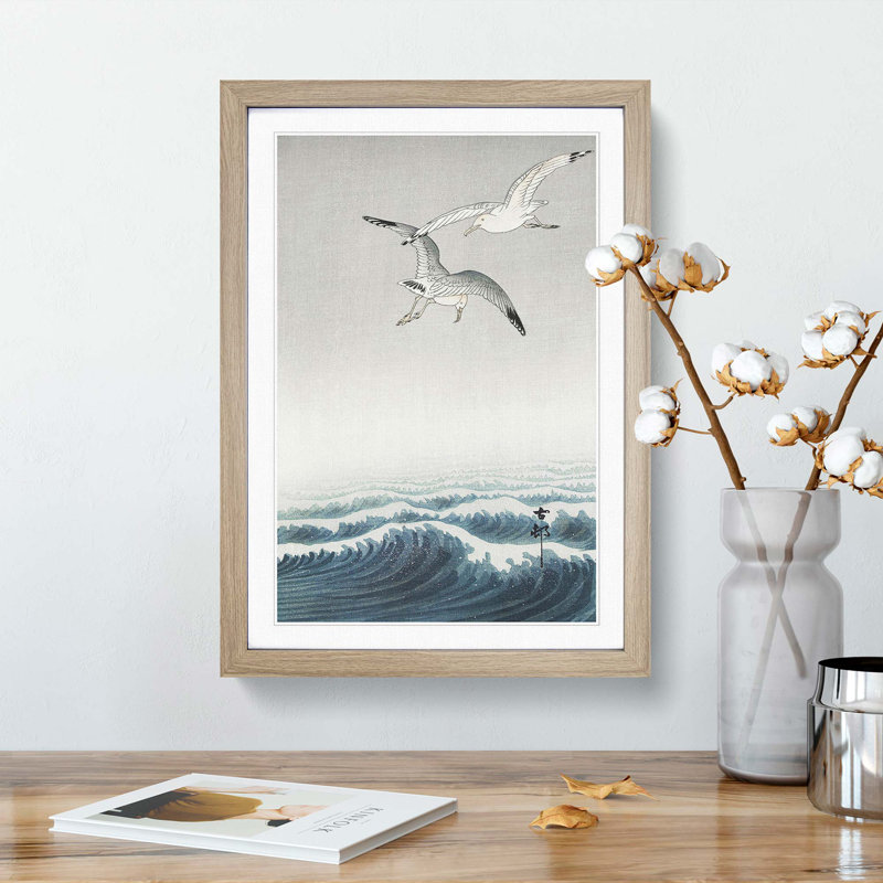 Three Seagulls by Ohara Koson - Picture Frame Painting Print, 48cm H x 36cm W x 2cm D, Oak Framed