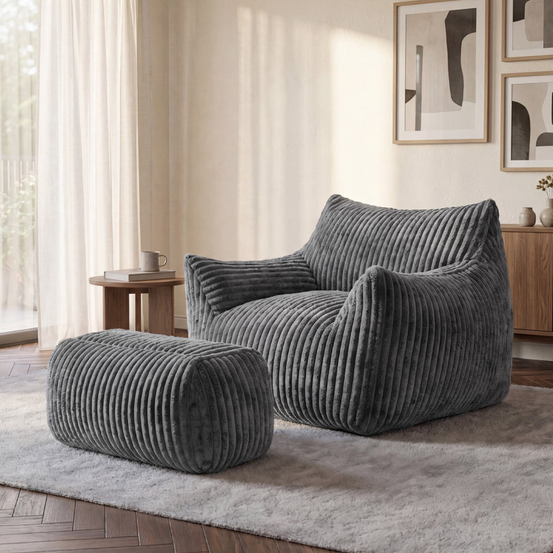 Pouf rembourré en velours côtelé avec repose-pieds, Grey