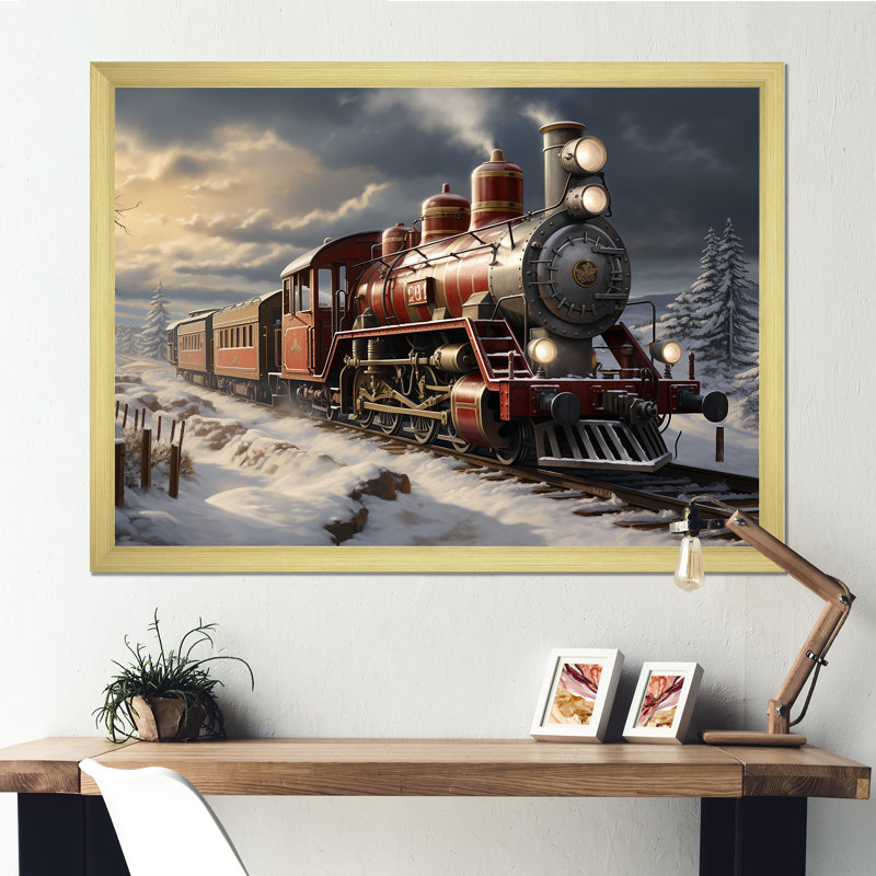 Christmas Countryside Winter Train - Train Wall Art, Gold Closed Corner Framed, 12" H x 20" W x 1" D